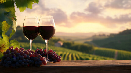 Two glasses of red wine paired with fresh grapes sit on a wooden table overlooking a lush vineyard during sunset. The scene embodies relaxation, elegance, and appreciation of fine wine.