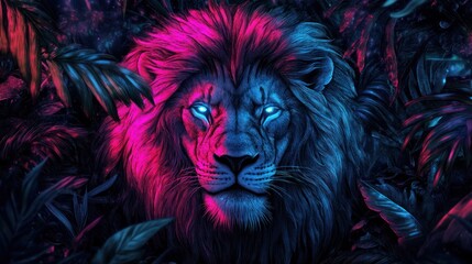 Majestic lion in neon jungle, nighttime scene. Wallpaper art