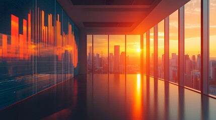 Data visualization vibrant charts overlaying a mod  in a modern office space with urban skyline