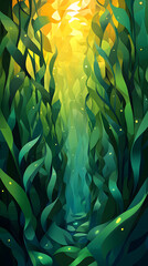 Ethereal Underwater Scene of Lush Green Seaweed in a Tranquil Kelp Forest
