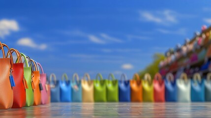 Fototapeta premium Colorful Shopping Bags on Shiny Surface Under Sunny Sky
