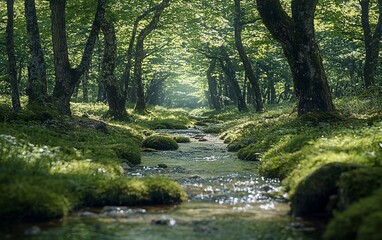 Obraz premium Sunlit stream flows through mossy forest; nature tranquility