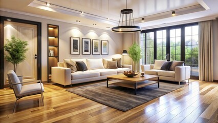 Fototapeta premium Modern Living Room Design: White Sofa, Black Door, Wood Floor - Interior Design Inspiration