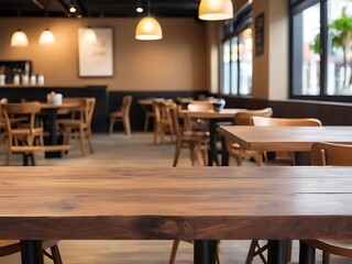 Selected focus empty brown wooden table and coffee shop cafe or restaurant blur background image. for your photomontage or product display