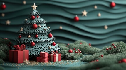 A green paper Christmas tree cutout adorned with red and white ornaments, stars, and a wrapped gift, conveying a festive holiday atmosphere and creative design.