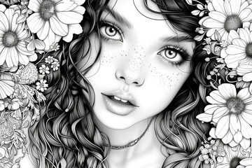 A woman with long hair is drawn in a flowery background. The drawing is black and white and has a very artistic and creative feel to it. The woman's face is the main focus of the drawing