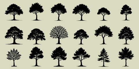 detailed tree silhouette collection, hand-drawn nature tree vector pack, botanical trees in sketch style