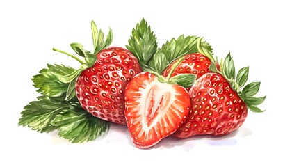Watercolor painting showcases a group of fresh strawberries with leaves