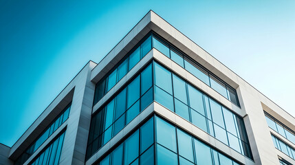 Modern glass office building corner, blue sky. Architecture, business