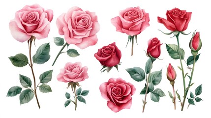 Watercolor illustration of pink and red roses in bloom