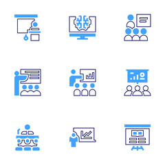Training icon set. Bold line style. Duotone colors. Editable stroke. presentation, training, learn, reading, mentoring