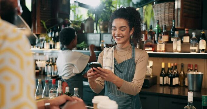 Employee, restaurant and customer with payment, friendly service and hospitality with online banking. Digital transaction, people and woman with machine, finance and credit card in store and drinks