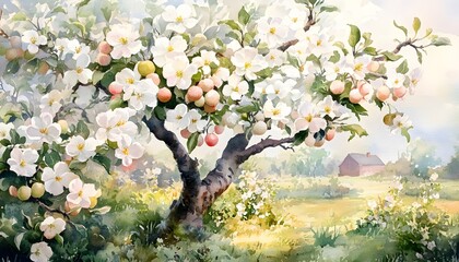 A vibrant apple tree in full bloom stands in a field