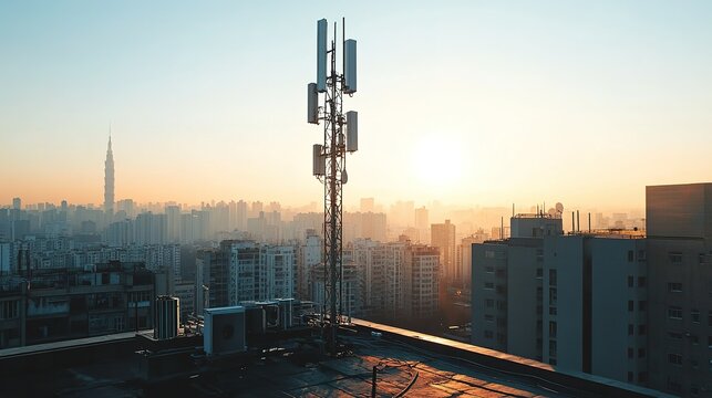 Cityscape Sunrise Featuring Rooftop Cellular Tower