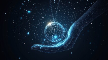 Glowing polygonal hand holding earth globe.