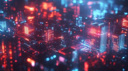 Naklejka premium Futuristic glowing digital city with red and blue light in 3D rendering