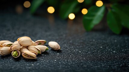 Fototapeta premium Pistachios on black surface with blurred lights and green leaves in background