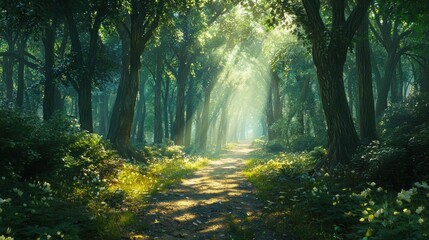 Obraz premium Sunlit Path Through Enchanting Forest