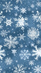 Seamless Pattern Elegant snowflakes falling gently on a vibrant blue background, creating a serene winter scene.