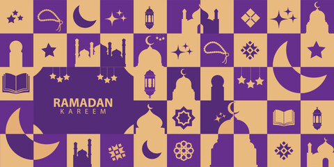 greeting cards banner poster Ramadan and Eid  background with copy space,Eid Al-Fitr Mubarak, Ramadan Kareem, Islamic Style Greeting Background Collection Set with Arabic Ornaments Modern geometric. © bodonk