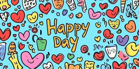 Colorful Hand-Drawn Doodle Art with Happy Day Celebration Theme