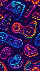Seamless Pattern Vibrant neon gaming controllers in a colorful, eye-catching pattern.