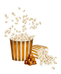 Popcorn in gold packaging. Retro style paper tableware for snacks. Popcorn spilled out of a paper bag. Caramel flavored snack. Classic retro style for parties and movies. Watercolor illustration