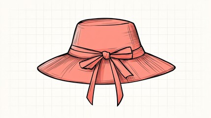 Illustrated pink sun hat with a bow, set against a grid background for design purposes