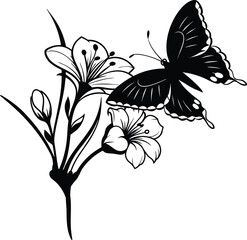 A butterfly resting on a flower with wings spread vector illustration, black silhouette color
