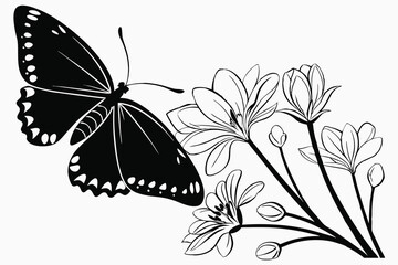 A butterfly resting on a flower black silhouette color  illustration