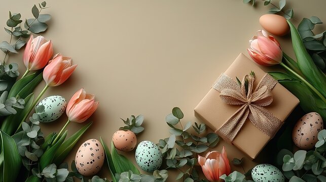 An Easter themed top view flat lay of a gift box, tulips, bunny decor, eggs, and eucalyptus on a soft beige background, an empty circle suitable for holiday promotions or greetings.