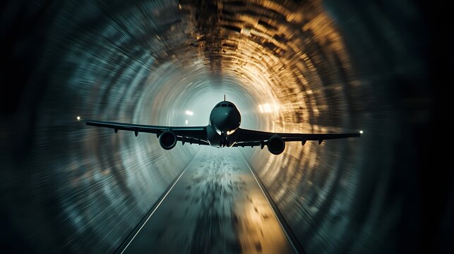 Aerodynamic forces model airplane flies through a tunnel showcasing flight dynamics and air resistance in motion