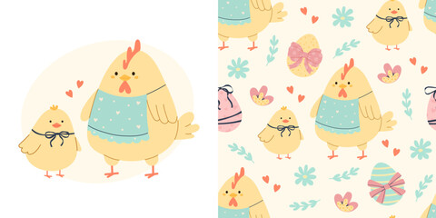 Easter pattern with chicken, little chick and eggs