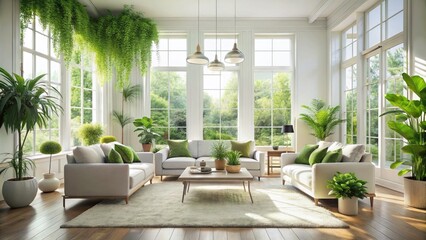 Fototapeta premium Surreal White Living Room, Large Windows, Green Accents, Elegant Interior Design, Spacious Room, Dreamlike Home Decor