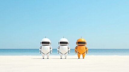 Three colorful humanoid robots standing on a beach under a clear blue sky, evoking a sense of adventure