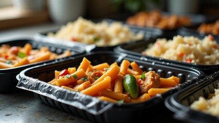 Neatly arranged frozen packaged meals in microwave trays, sealed with condensation and frost. The meals include pasta, grilled chicken, and rice dishes for convenience.