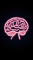 Neon illustration of a human brain with vibrant pink outlines against a dark background