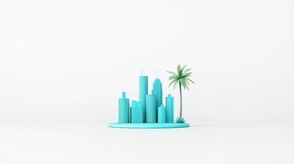 Minimalistic urban landscape with turquoise skyscrapers and palm tree on a white background