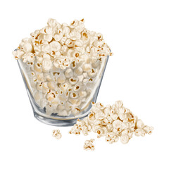popcorn in a glass bowl. Lots of snacks. Homemade crispy corn Homemade snack. Watercolor illustration without background. Classic style. For menus, advertising, packaging and textiles and fabrics.