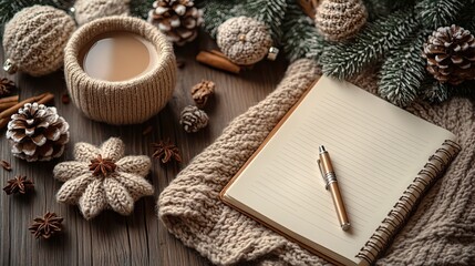 An open diary, pen, cocoa, and winter decorations are arranged on a brown background with blank space.