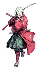 Fototapeta premium Epic Samurai Warrior: Dynamic Katana Action in Red Kimono - Fierce Historical Animation Art, Skilled Character Design, Traditional Japanese Culture, Martial Arts Heroic Stance, Detailed Illustration