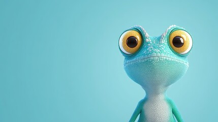 Cute animated turquoise gecko character with large eyes against a light blue background