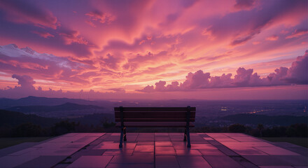a vibrant landscape photograph featuring a stunning sunset sky with dramatic, swirling clouds in shades of purple, pink, and orange.