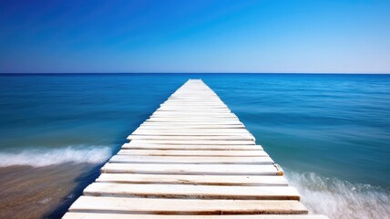 Obraz premium Serene wooden pier stretching into clear blue sea under bright sky