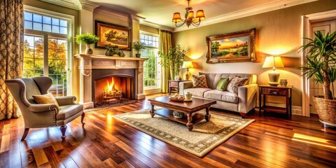 Vintage Chic Living Room: Hardwood Floors, Fireplace, New Home Interior Design