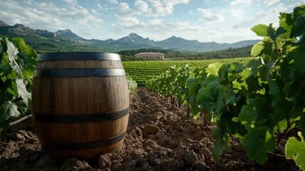 Wine barrel in a vineyard with mountains in the background.