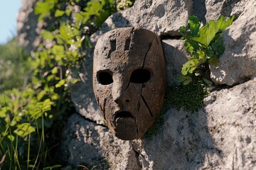 An old cracked mask mounted on a stone wall covered with plants.