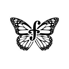 Butterfly with Letter F Monogram Logo, Black and white butterfly illustration featuring an elegant letter F monogram, creating a stylish and artistic logo design on a white background.  
  
