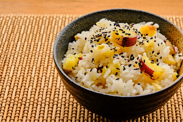 Japanese Sweet Potato and Chestnut Rice on Bamboo Placemat