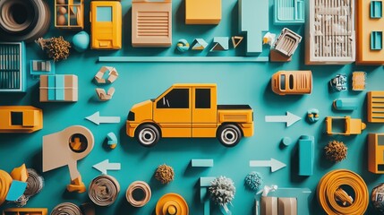 Delivery Truck Surrounded by Cargo and Logistics Elements